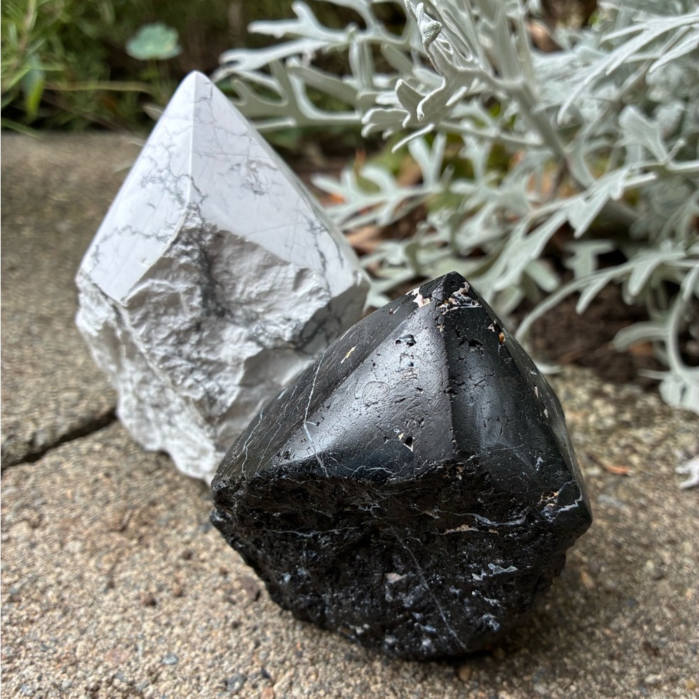 Bundle of 2 Black Tourmaline and Howlite Stone Towers